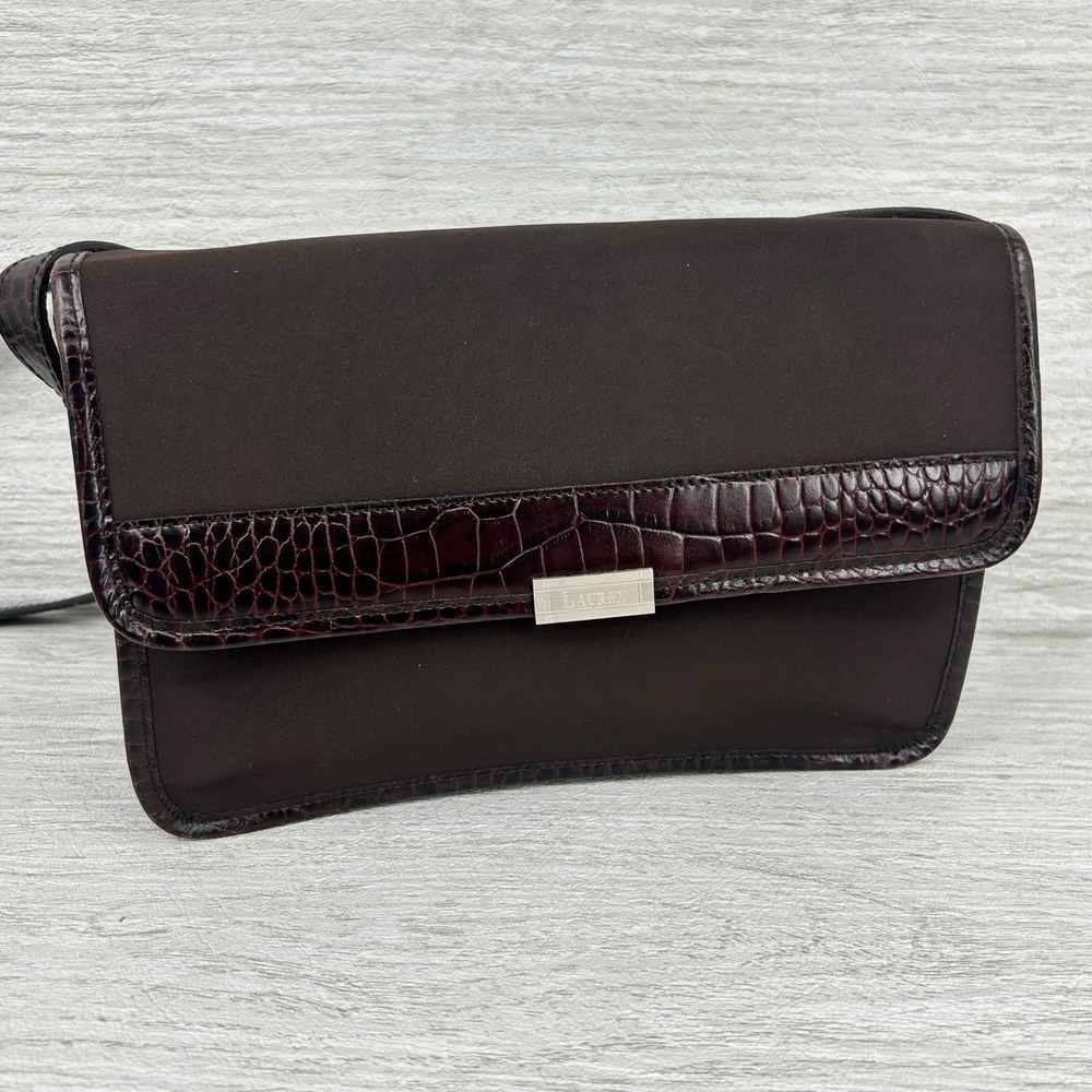 Lauren Ralph Lauren Vintage Y2K Chocolate Brown Nylon Croc Trim Shoulder Bag